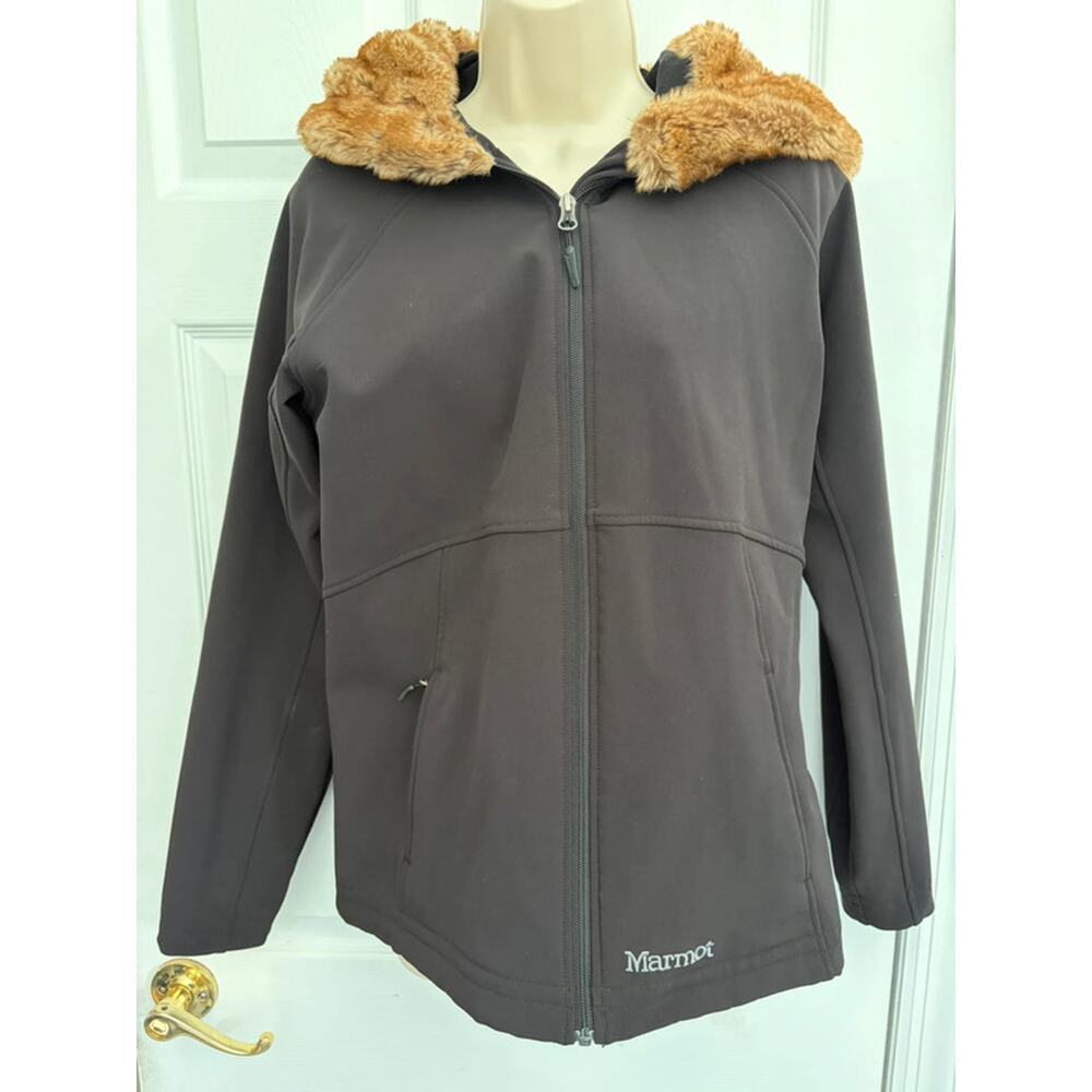 Marmot Women’s L Softshell Jacket Black Fleece Lined Faux Fur‎ Hood Hiking Coat
